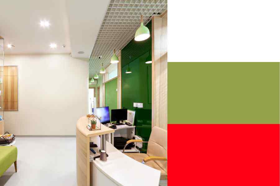 Paleta de colores clínica dental verde, naranja, blanco